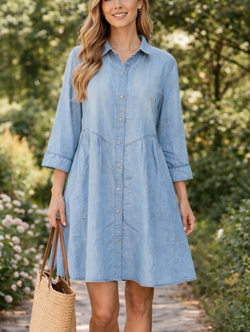 Light Blue Denim Button-Front Mini Dress